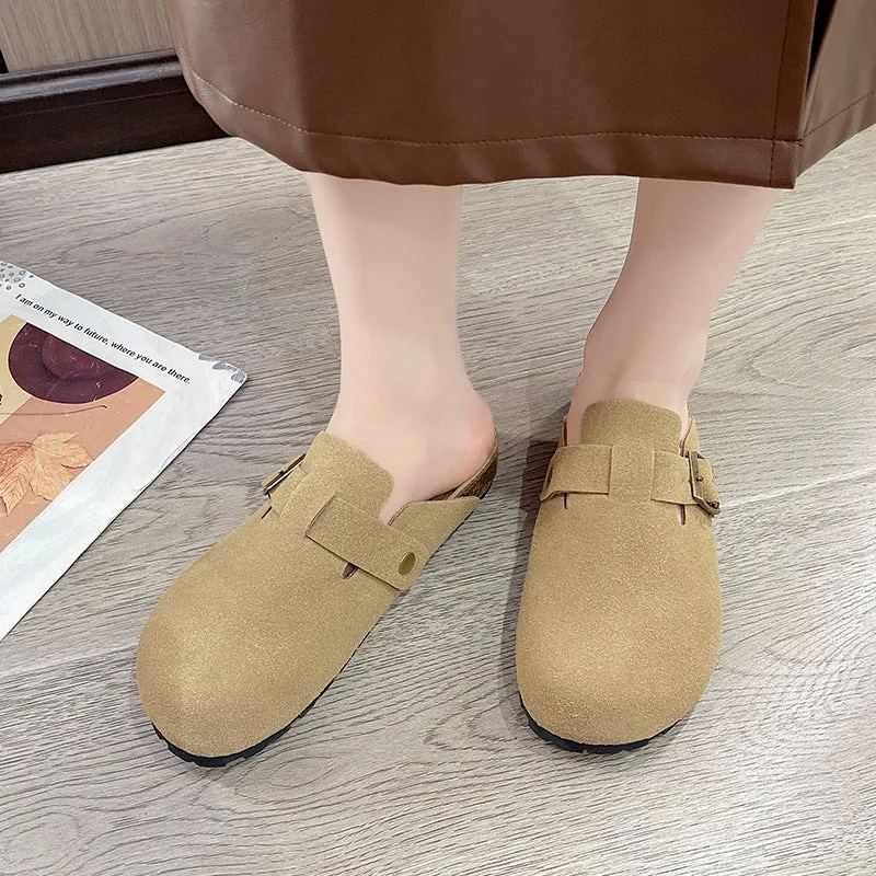 2024 New Buckle Half Slippers Women Thick Sole Cork Borken Sandals Flat Lazy Packable Shoes