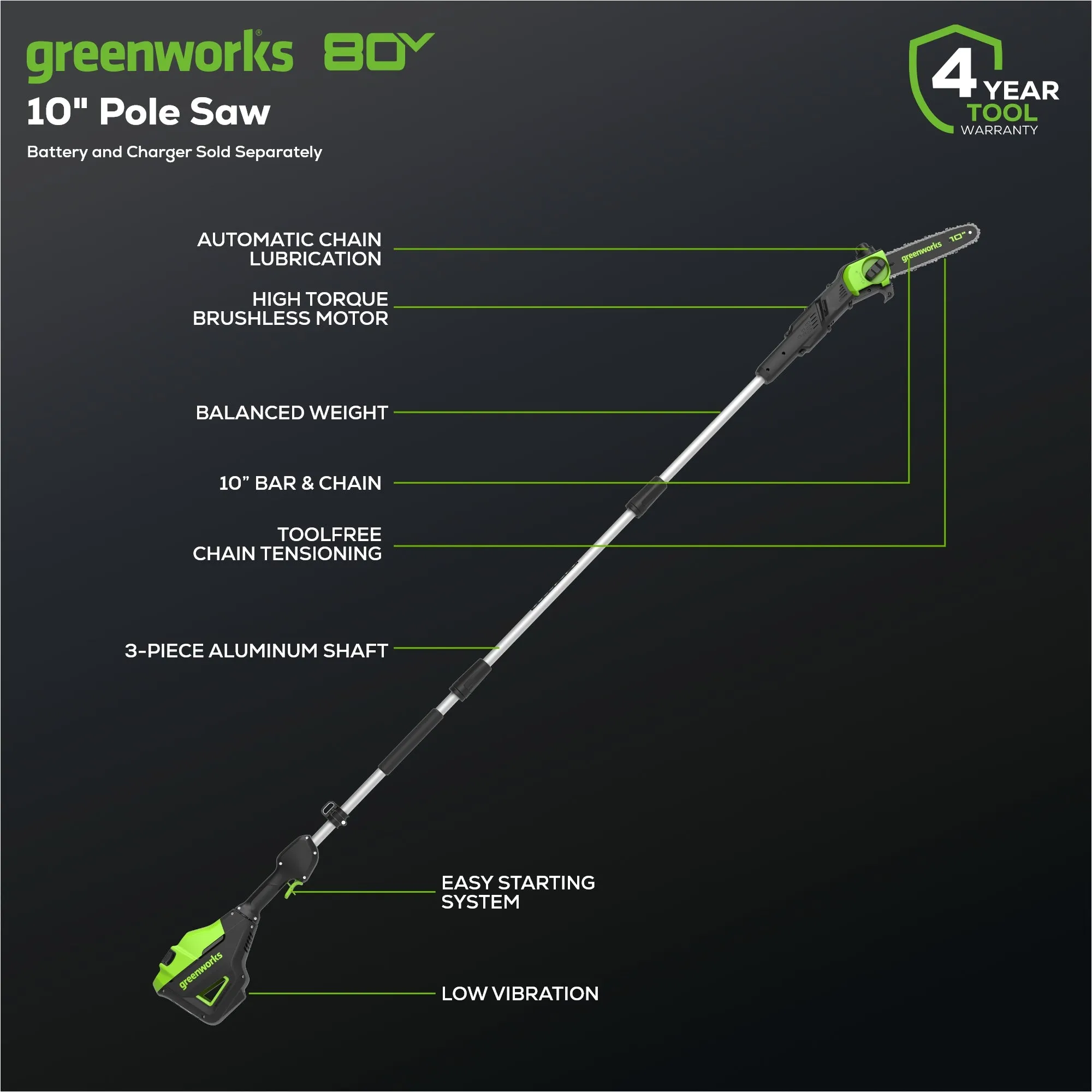 80V 10" Cordless Battery Pole Saw (Tool Only)