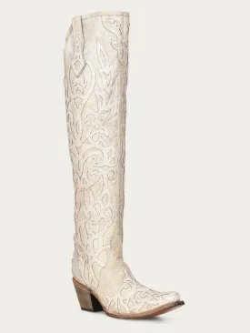 C3927 - WOMEN'S BEIGE GLITTER OVERLAY AND EMBROIDERY TALL TOP SNIP TOE COWBOY BOOT