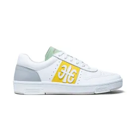 Men's Dreamer White Yellow Green Logo Leather Sneakers 08121-043