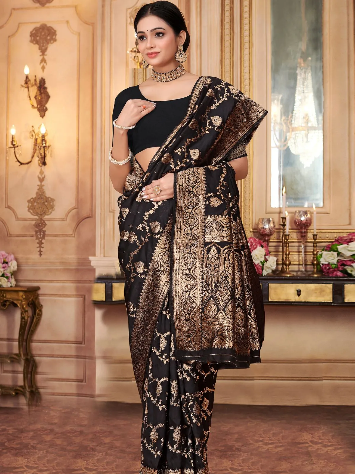 Odette Black Woven Banarasi Silk Saree With Unstitched Blouse For Women