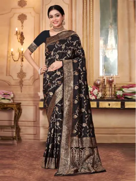 Odette Black Woven Banarasi Silk Saree With Unstitched Blouse For Women