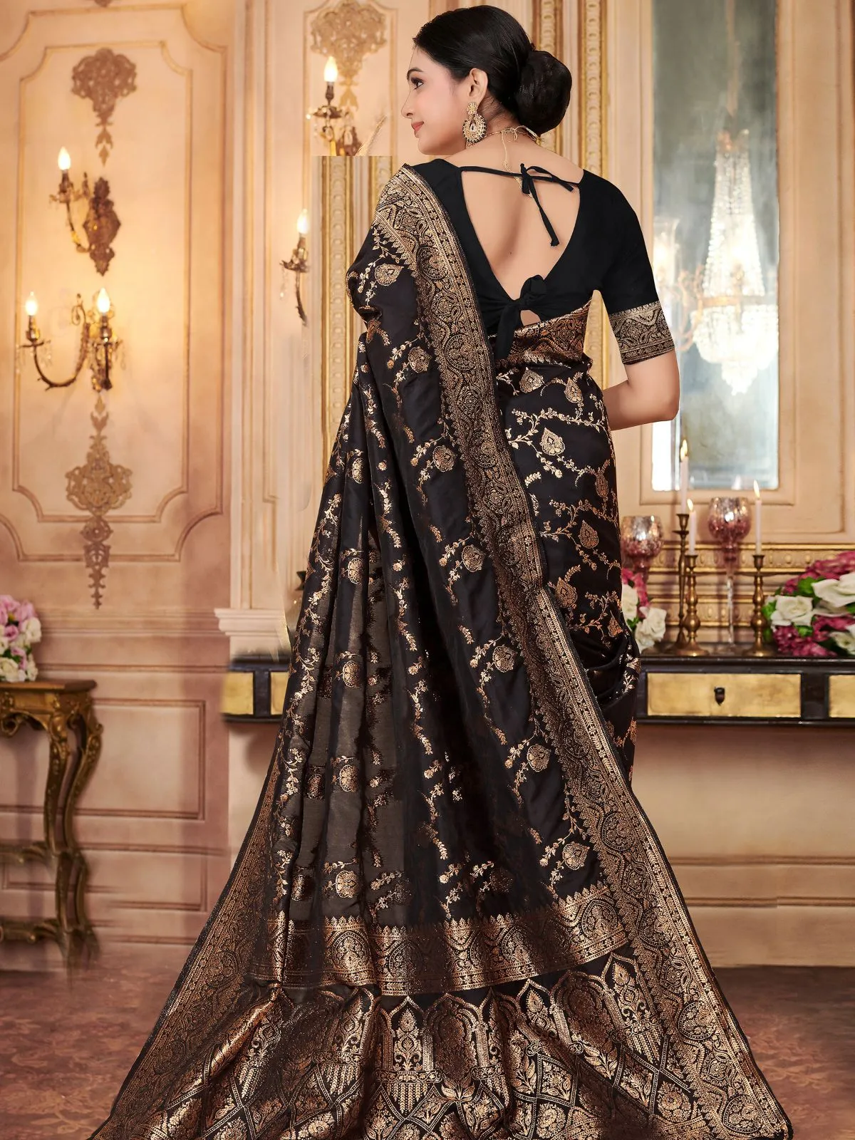 Odette Black Woven Banarasi Silk Saree With Unstitched Blouse For Women