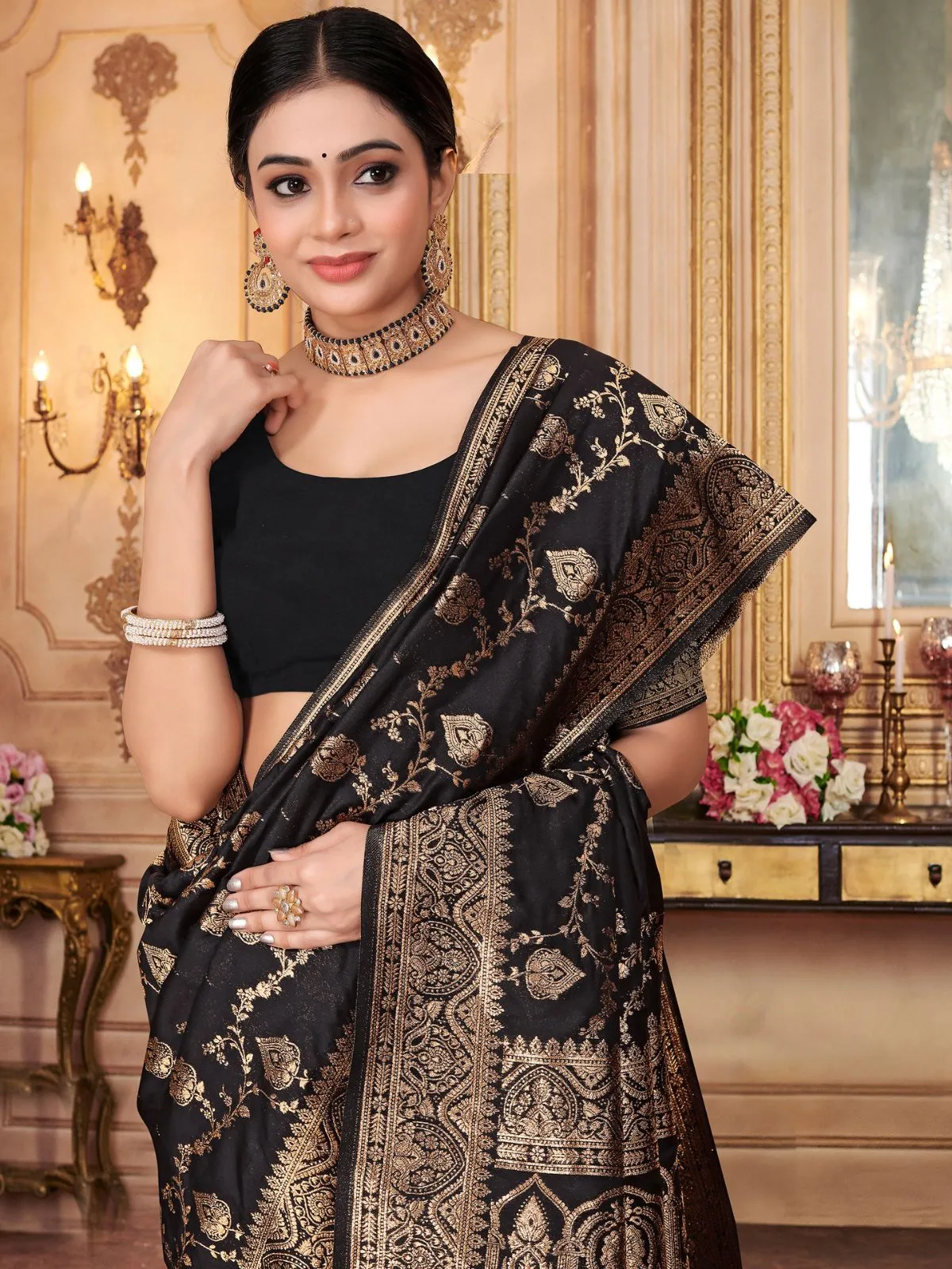 Odette Black Woven Banarasi Silk Saree With Unstitched Blouse For Women